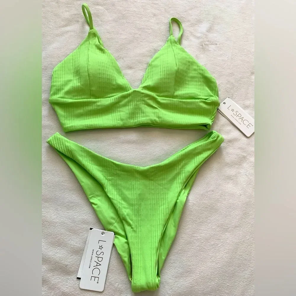 L*Space Bikini Set Winnie Rib Top & Cabana Bitsy Bottom Green Size Medium/Large